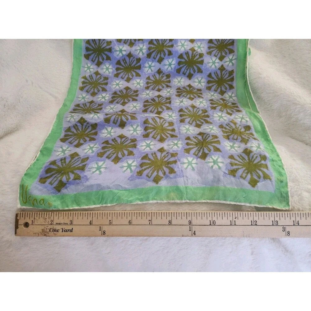 Vintage Vera Neumann Silk Scarf HandRolled Green Blue 60-70's Flower Geo Design